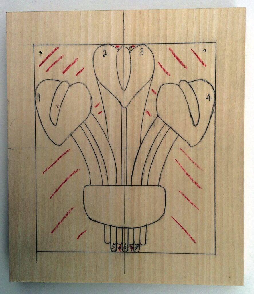 Wooden carving pattern with heart-shaped design