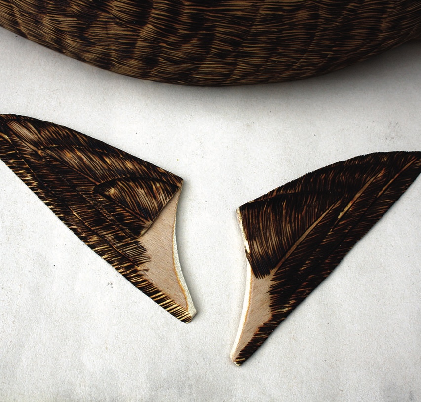 Two carved wooden feathers on white background.