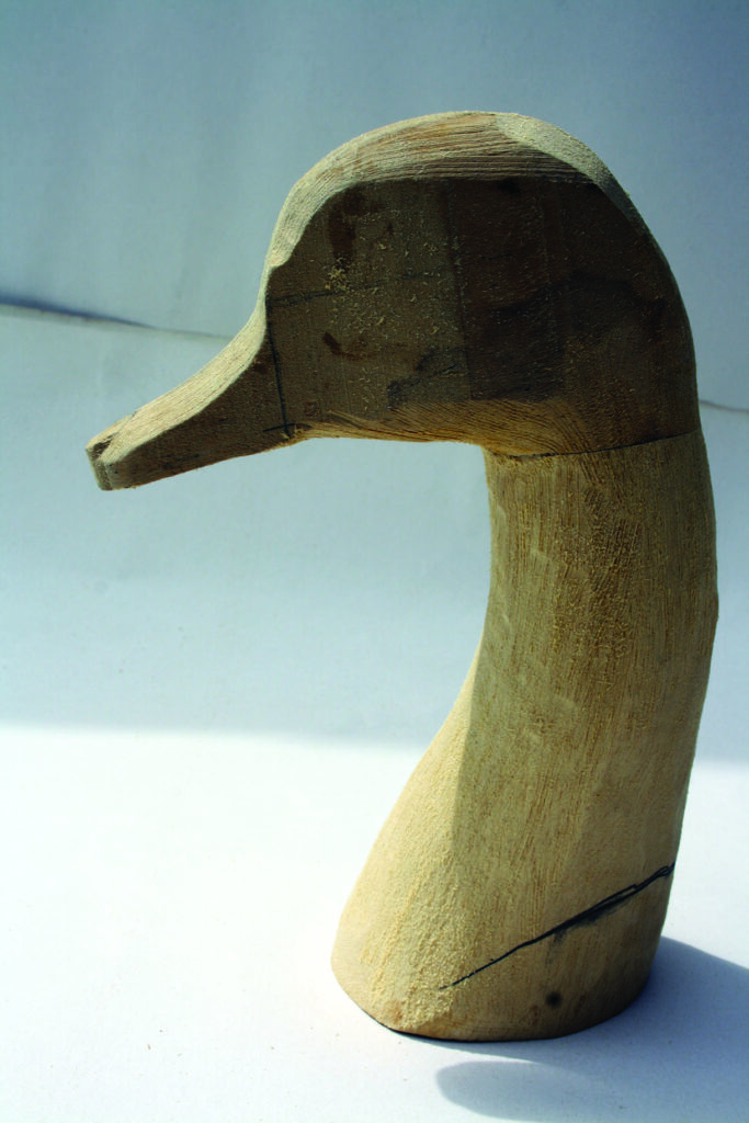 Wooden duck head sculpture, side view.