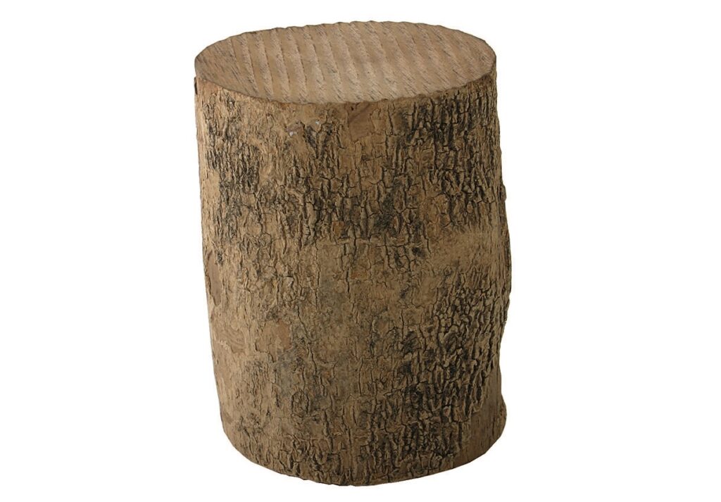 Wooden tree stump stool for rustic decor.