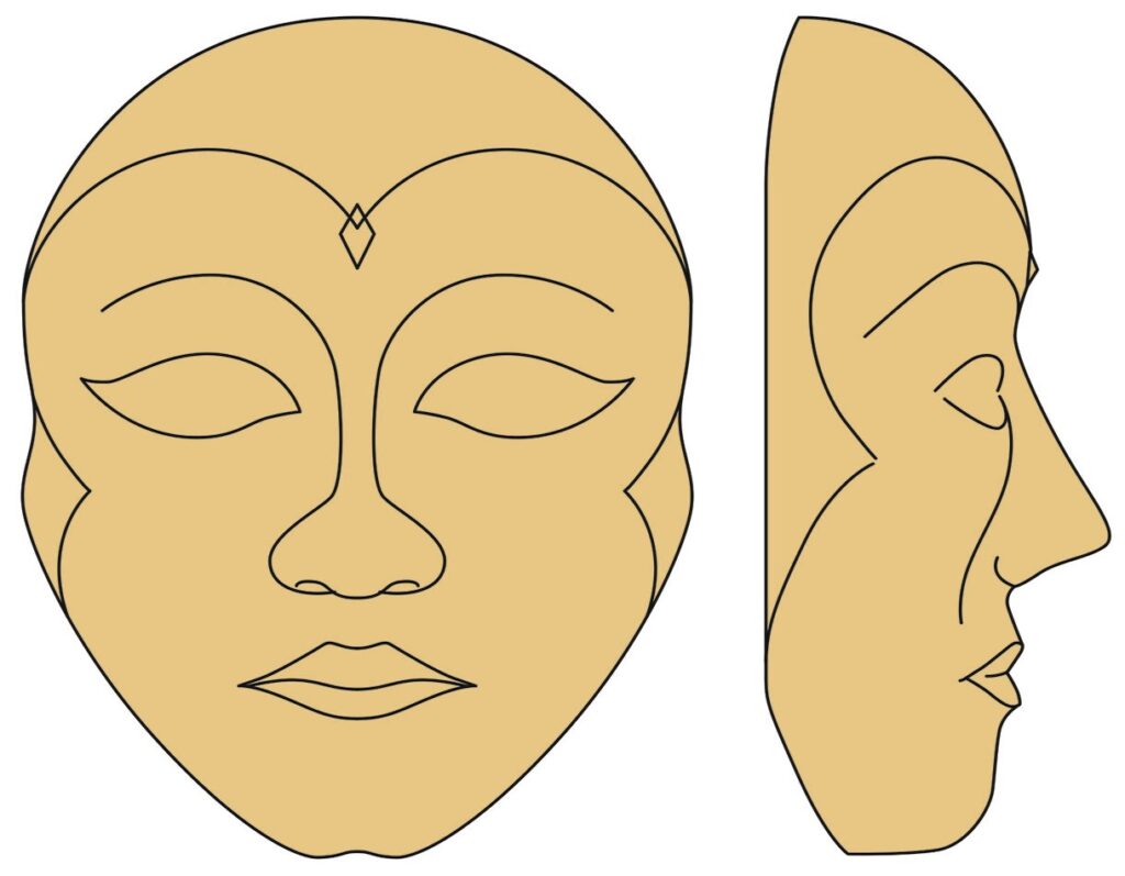 Two views of stylised human face drawing.