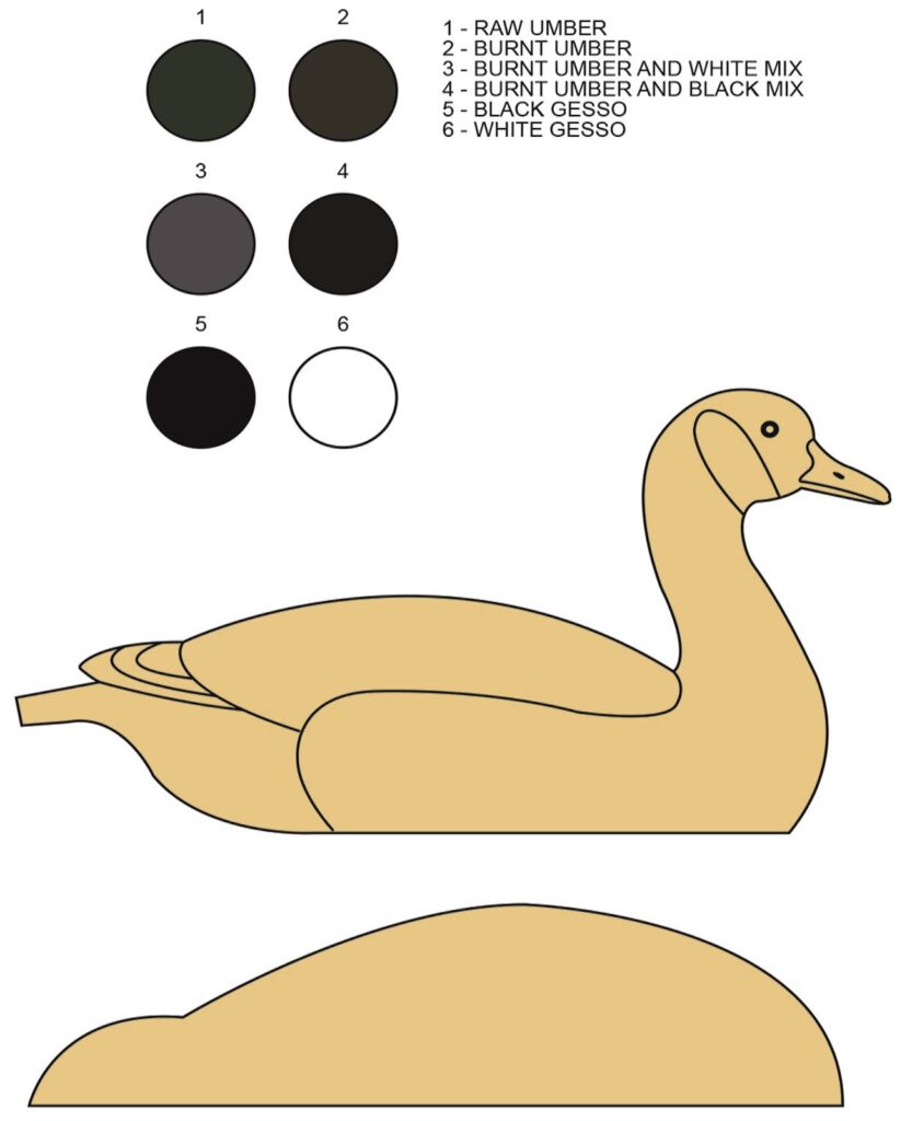 Duck decoy painting colour guide with six swatches.
