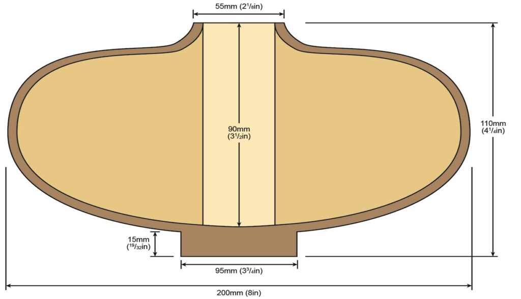 Diagram of a shaped wooden object with dimensions.