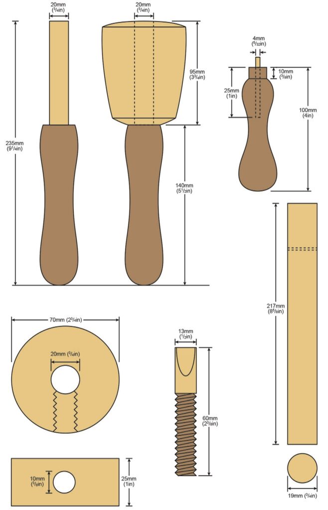 Woodworking tool diagrams with detailed measurements.