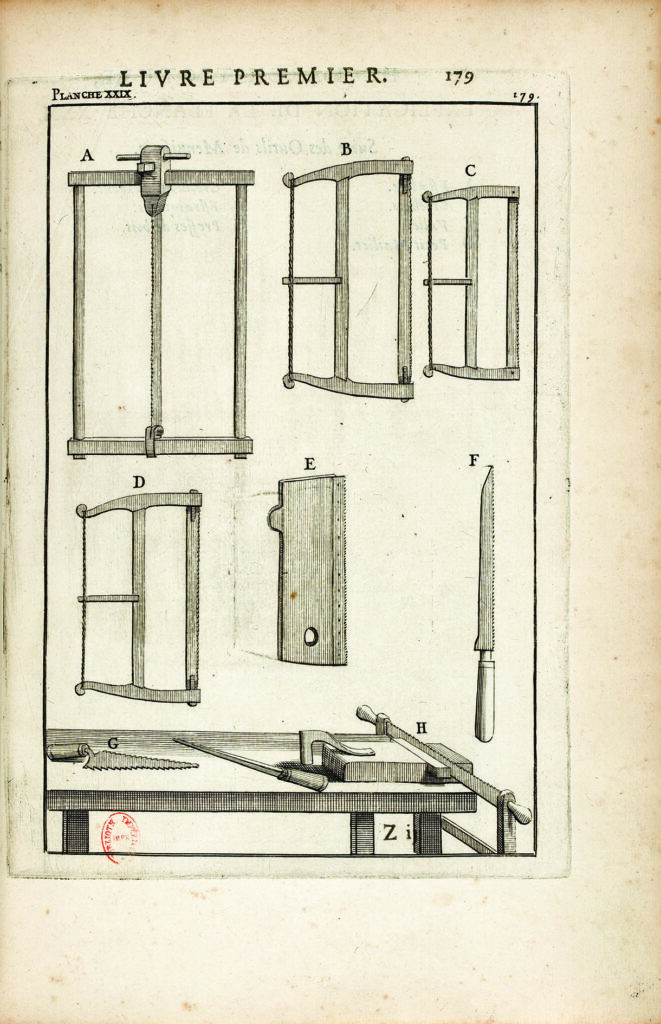 Antique French engraving of saw frames and woodworking tools