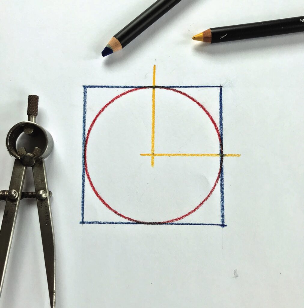 Compass and pencils with geometric drawing