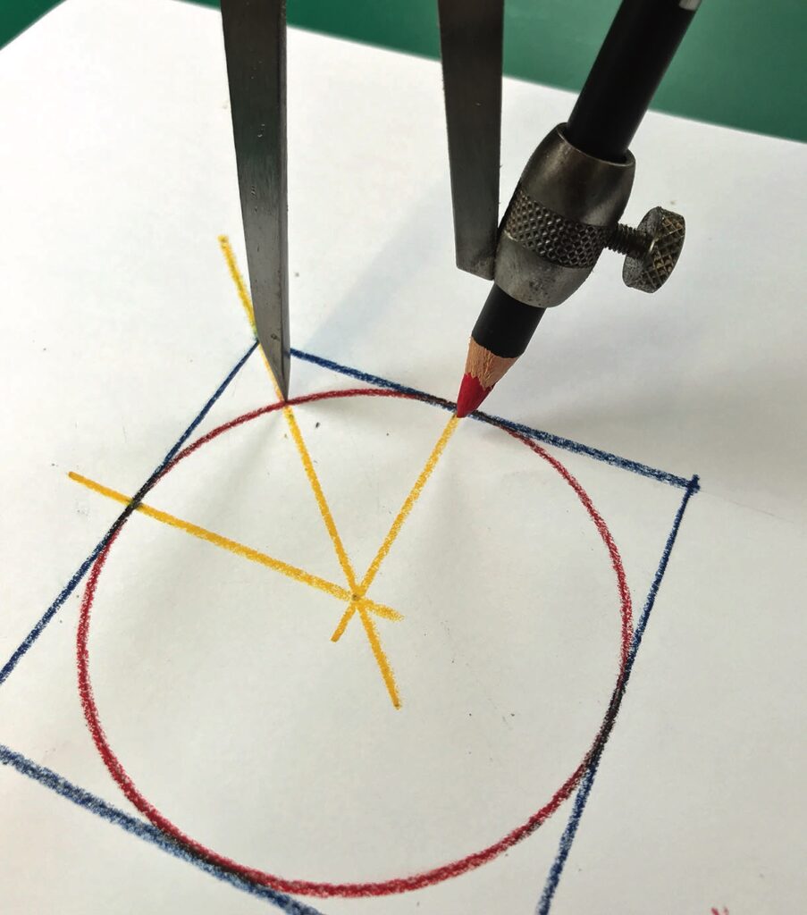 Compass drawing circle, geometric shapes on paper