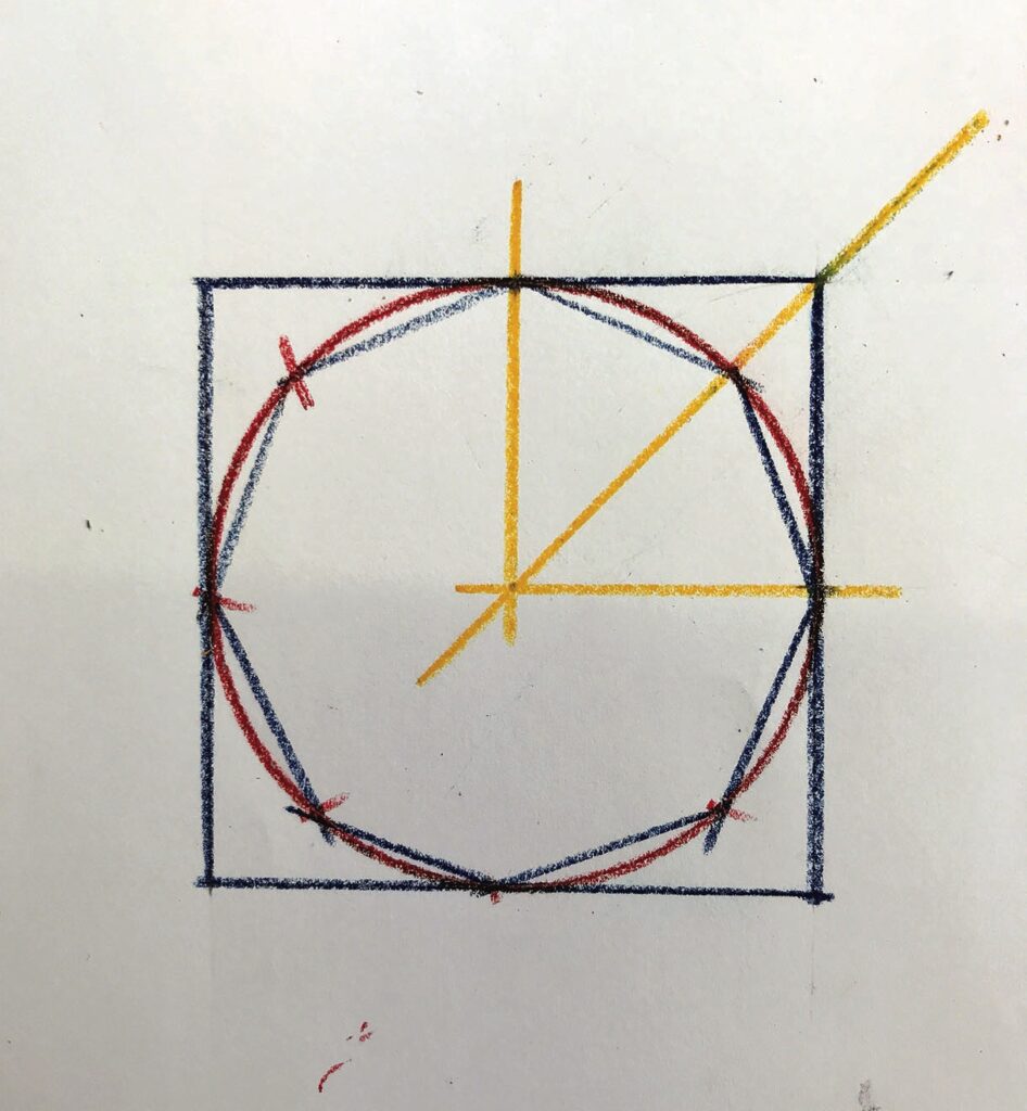 Geometric drawing with circle, square, and lines.
