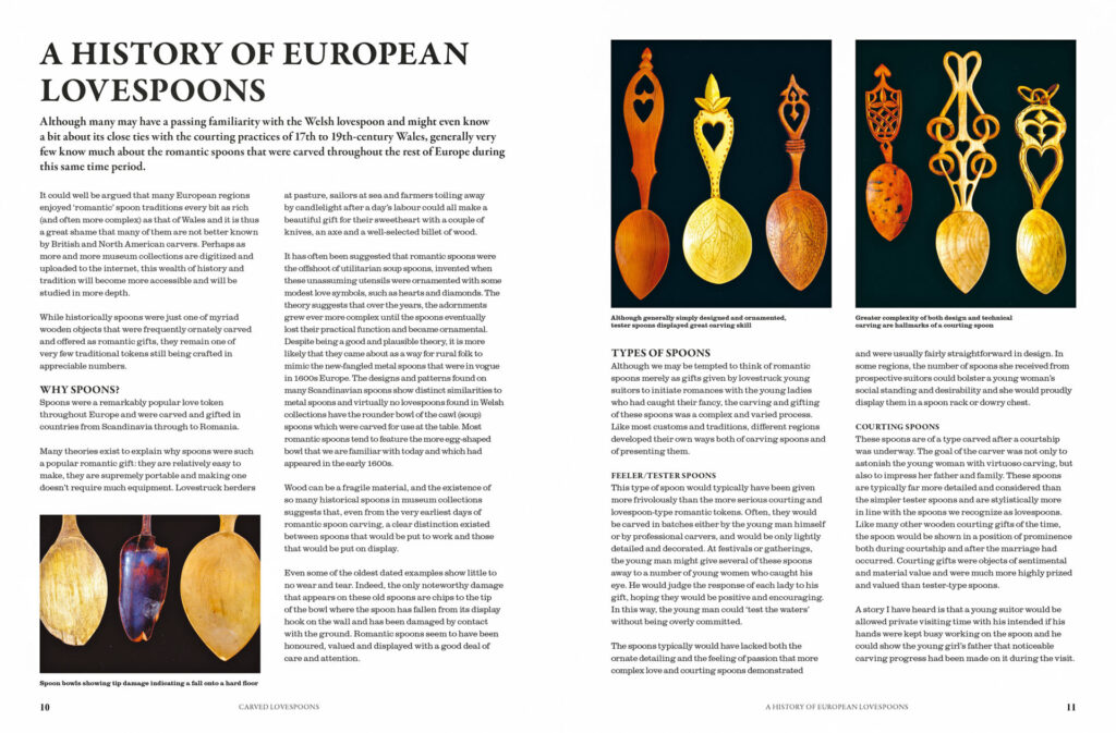 Article on European lovespoons with images of carved spoons.