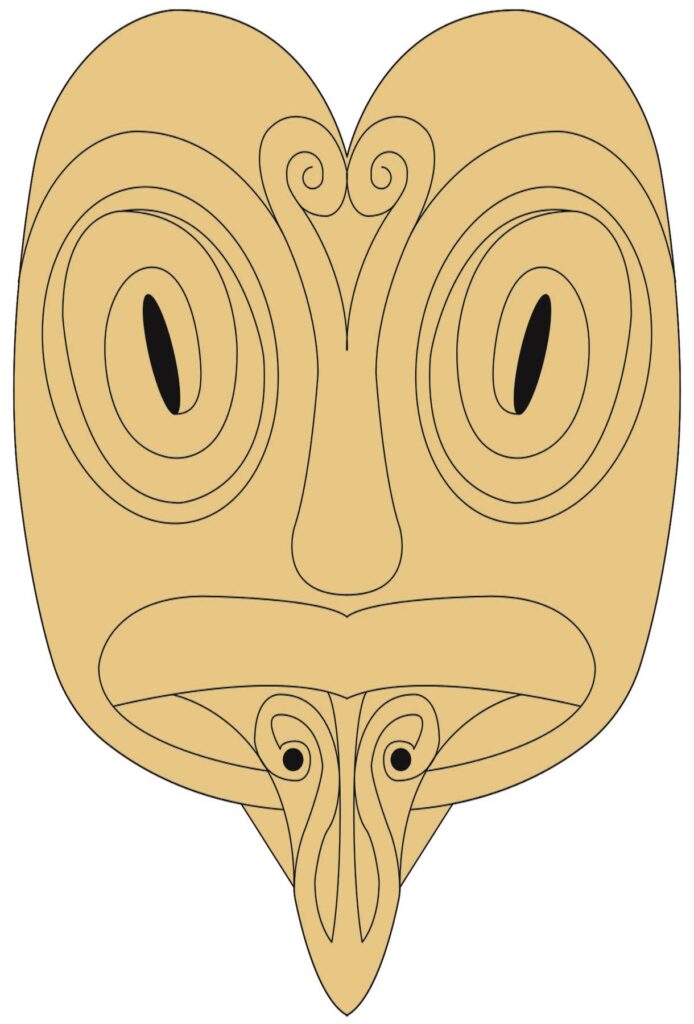 Stylised beige tribal mask with spiral eyes