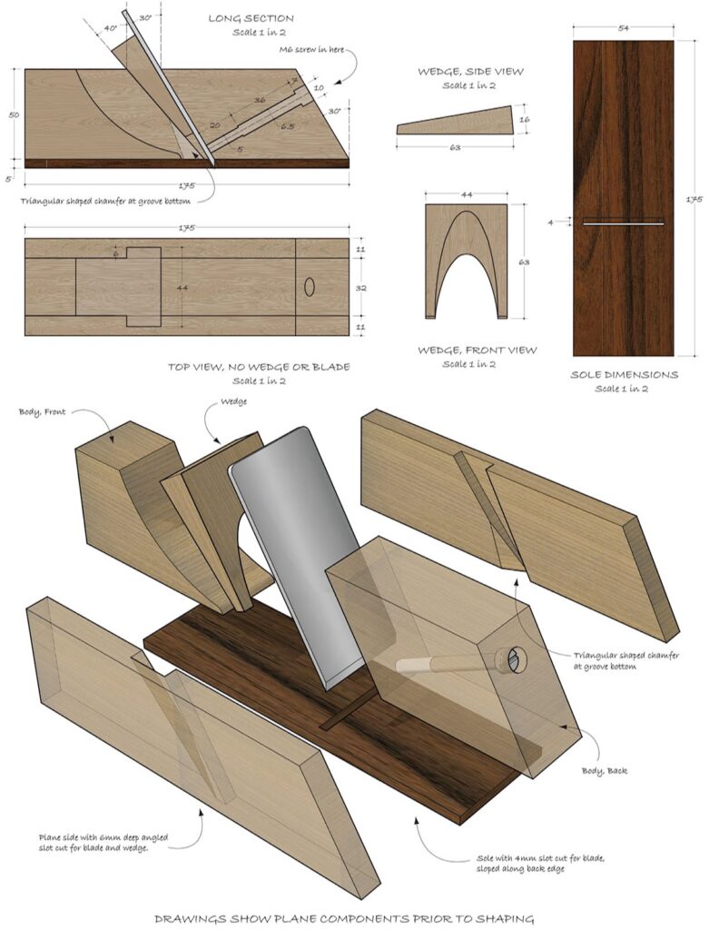 Wooden hand plane component assembly diagrams.