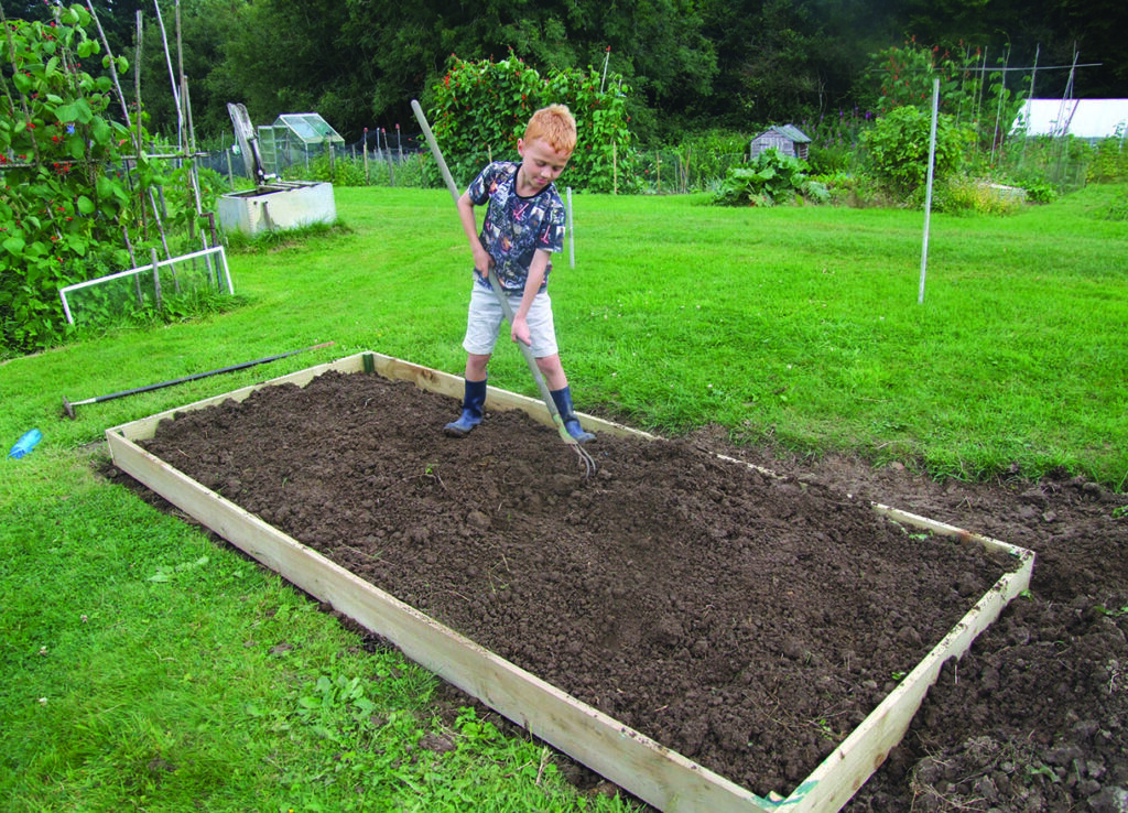 Boy raking soil in a raised garden bed