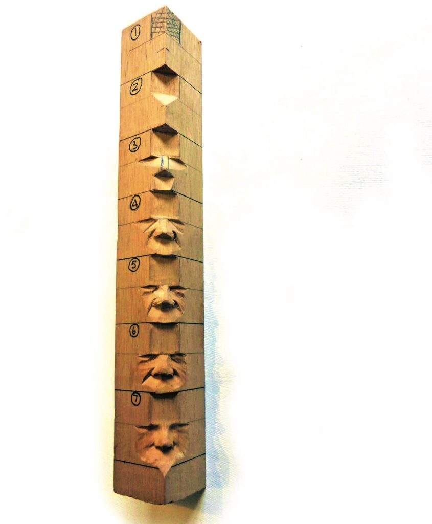 Wood carving progression showing facial depth details.