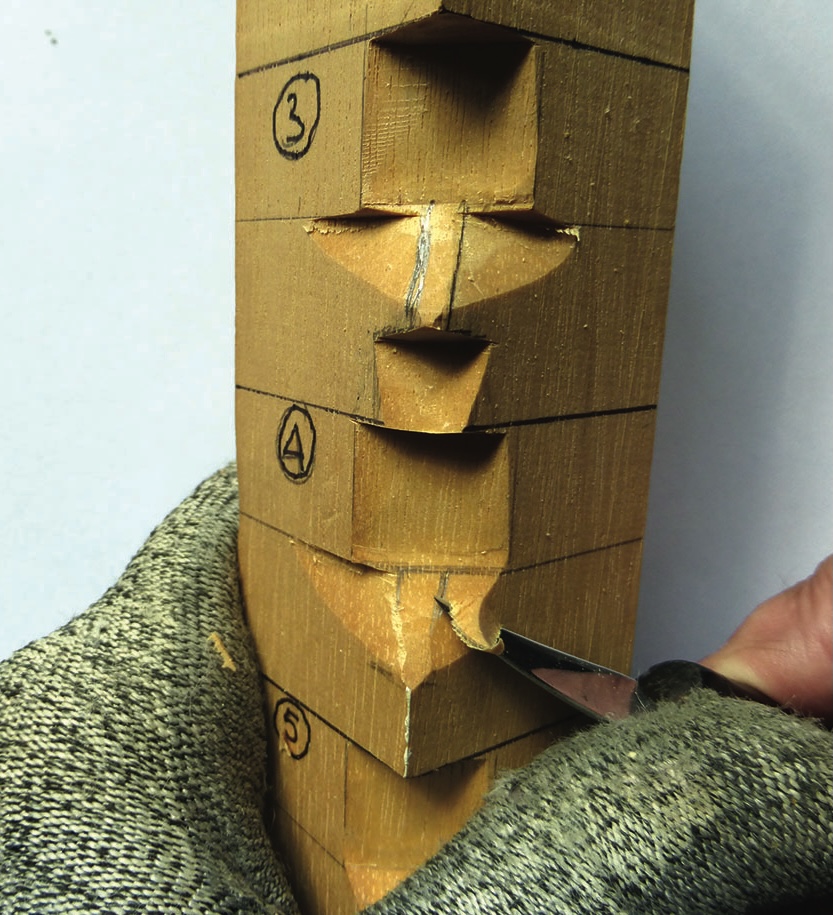 Wood carving process with numbered sections and knife.