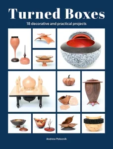 Woodturning projects display from "Turned Boxes" book cover.
