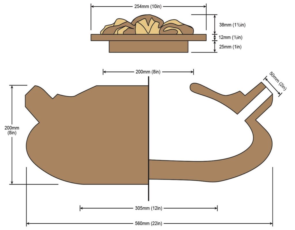 Stylised wooden elephant clock side view dimensions.