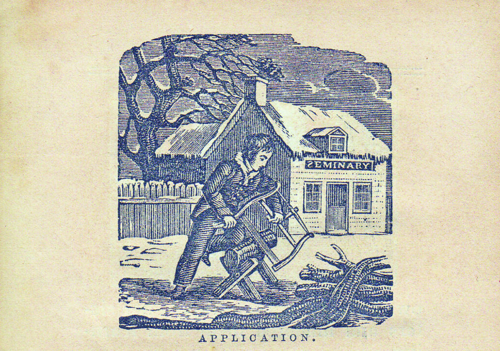 Vintage illustration of boy ploughing garden near seminary